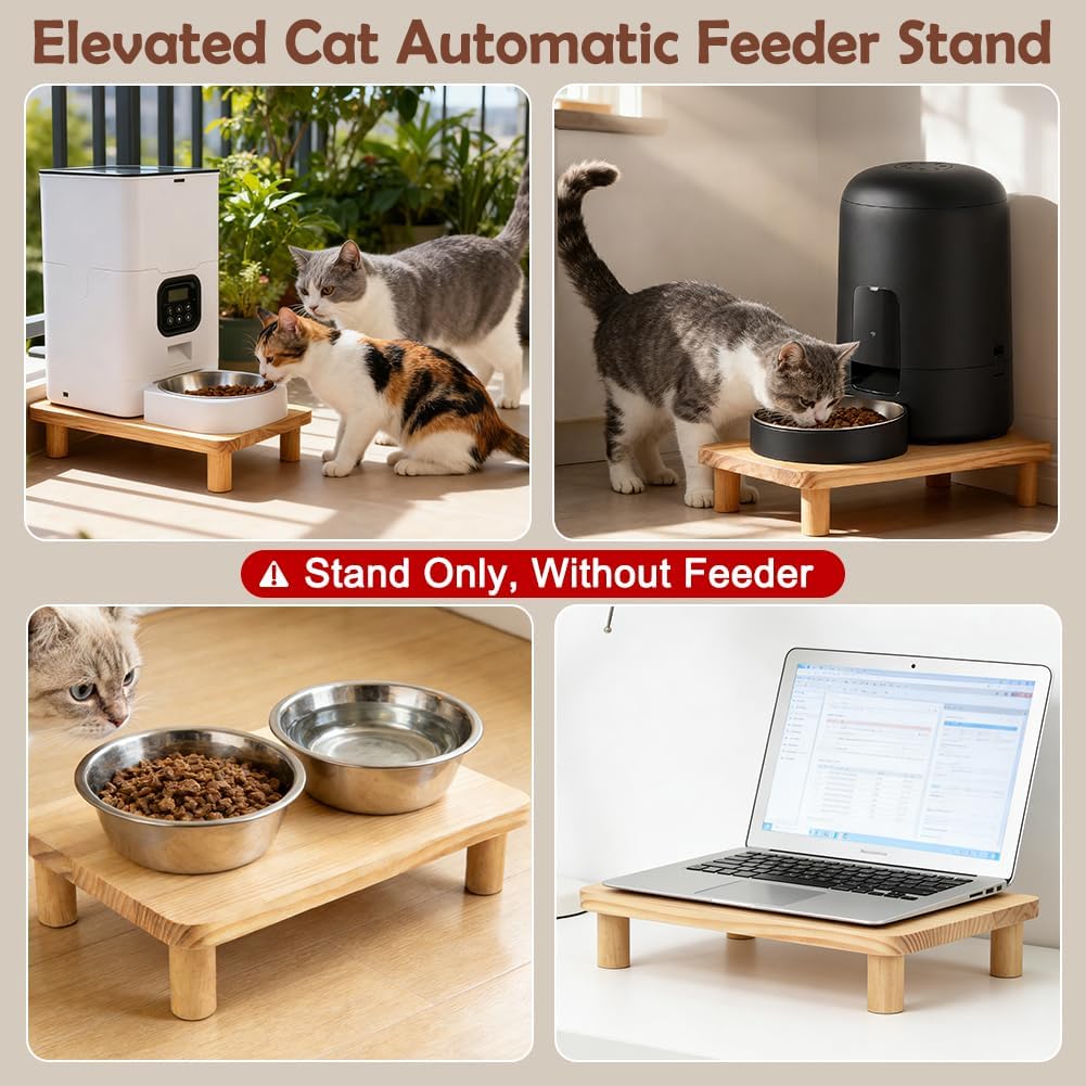 SZEE Cat Food Stand, Elevated Cat Feeder Stand for Automatic Feeder & Bowls | Lifted Cat Food Table Station, Raises Feeder/Bowl by 2 3/8", Relieves Spine and Joints Noticeably on Pets - Solid Pine Wood
