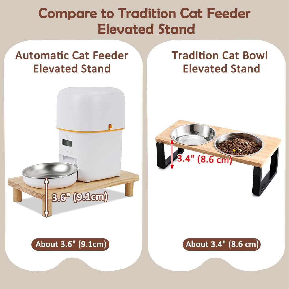 SZEE Cat Food Stand, Elevated Cat Feeder Stand for Automatic Feeder & Bowls | Lifted Cat Food Table Station, Raises Feeder/Bowl by 2 3/8", Relieves Spine and Joints Noticeably on Pets - Solid Pine Wood