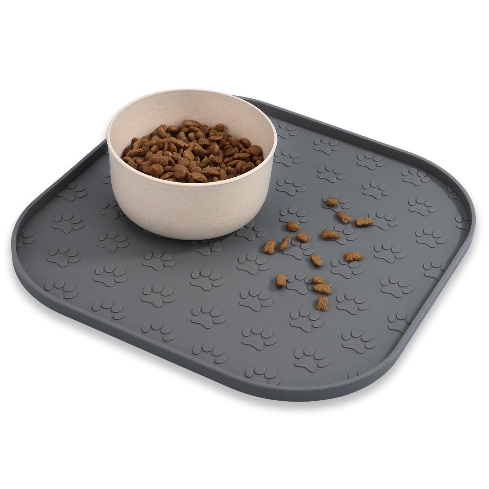 2 Pack Pet Feeding Mats, Waterproof Anti-Slip Placemats for Dog Cat Bowl Silicone Pet Food Mat, Raised Edge Prevent Spills on Floor & Carpet, Dishwasher Safe (2 Black, 11" x 11")