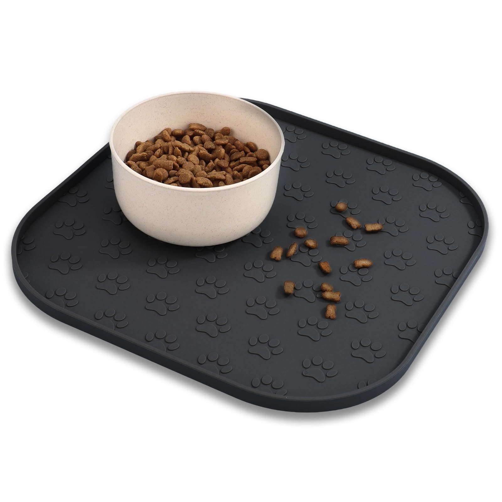 2 Pack Pet Feeding Mats, Waterproof Anti-Slip Placemats for Dog Cat Bowl Silicone Pet Food Mat, Raised Edge Prevent Spills on Floor & Carpet, Dishwasher Safe (2 Black, 11" x 11")
