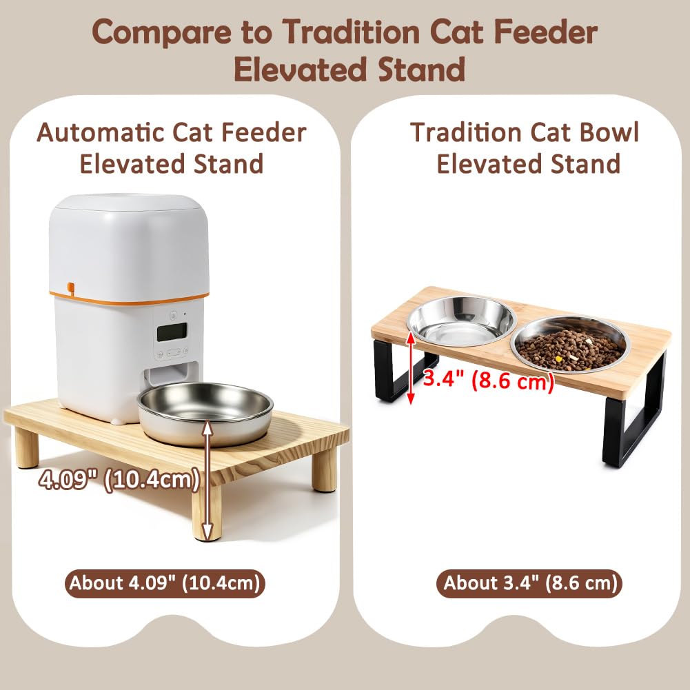 SZEE Cat Food Stand, Elevated Cat Feeder Stand for Automatic Feeder & Bowls | Lifted Cat Food Table Station, Raises Feeder/Bowl by 2 3/8", Relieves Spine and Joints Noticeably on Pets - Solid Pine Wood