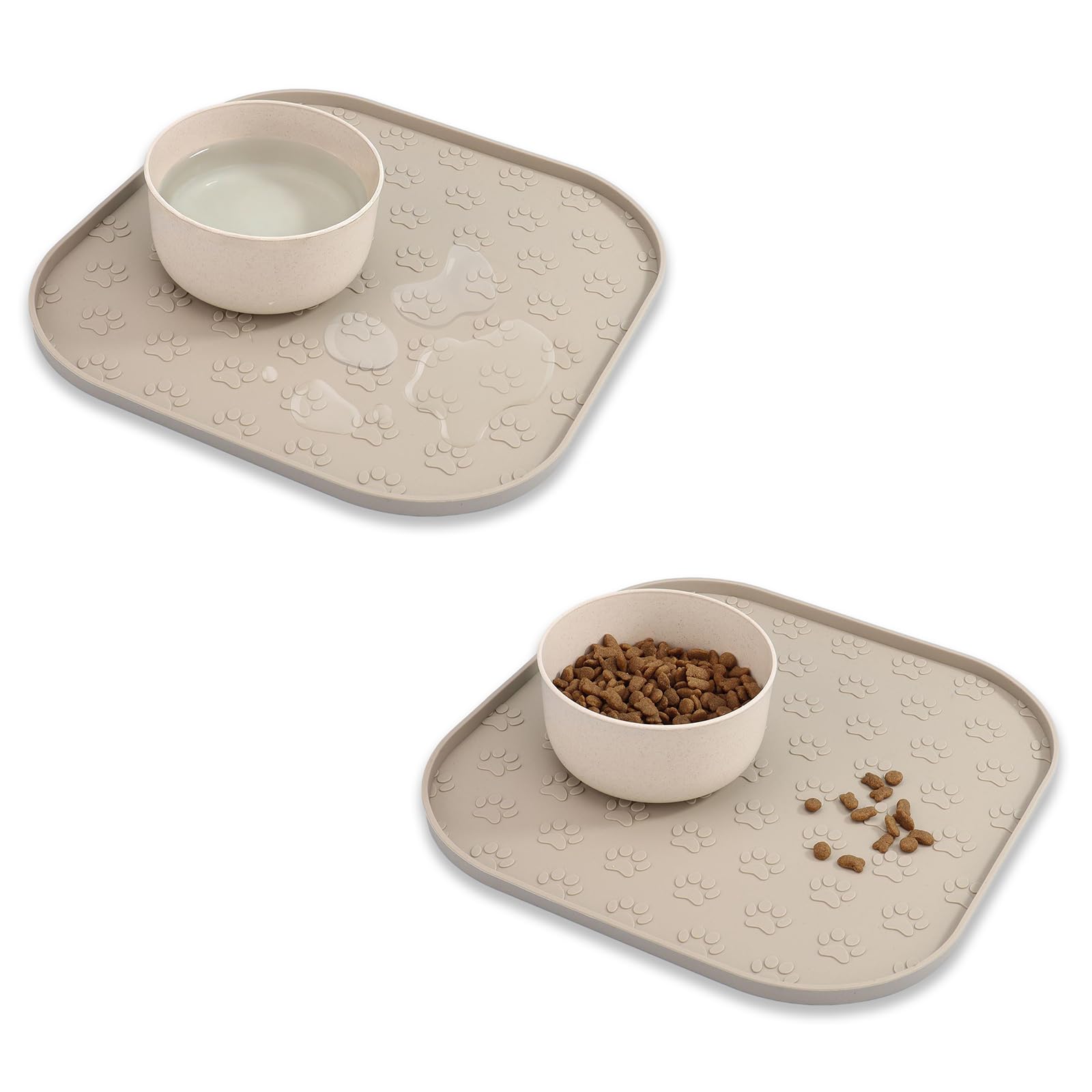2 Pack Pet Feeding Mats, Waterproof Anti-Slip Placemats for Dog Cat Bowl Silicone Pet Food Mat, Raised Edge Prevent Spills on Floor & Carpet, Dishwasher Safe (2 Black, 11" x 11")