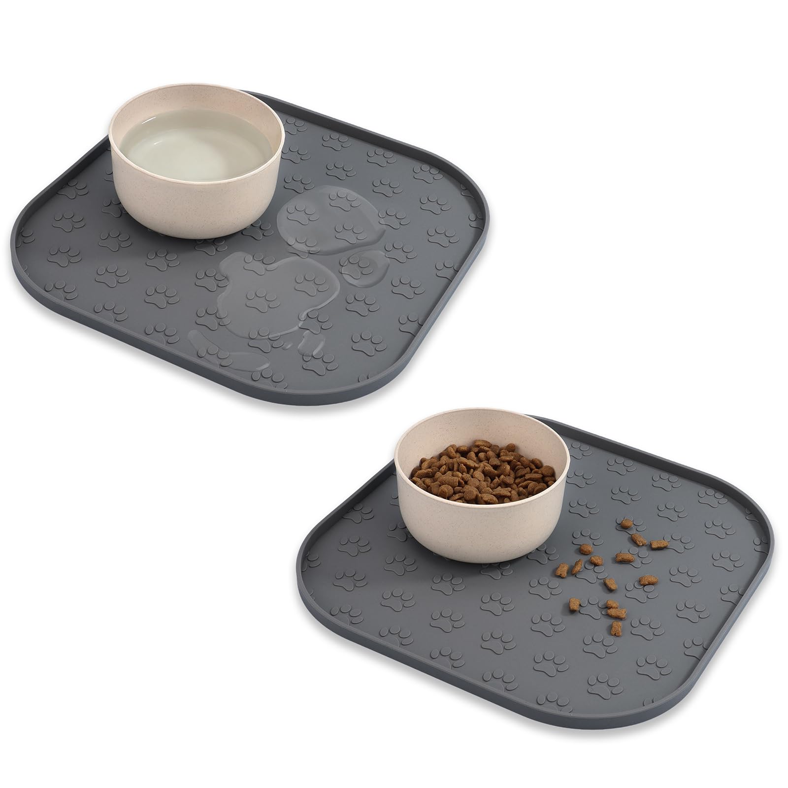 2 Pack Pet Feeding Mats, Waterproof Anti-Slip Placemats for Dog Cat Bowl Silicone Pet Food Mat, Raised Edge Prevent Spills on Floor & Carpet, Dishwasher Safe (2 Black, 11" x 11")