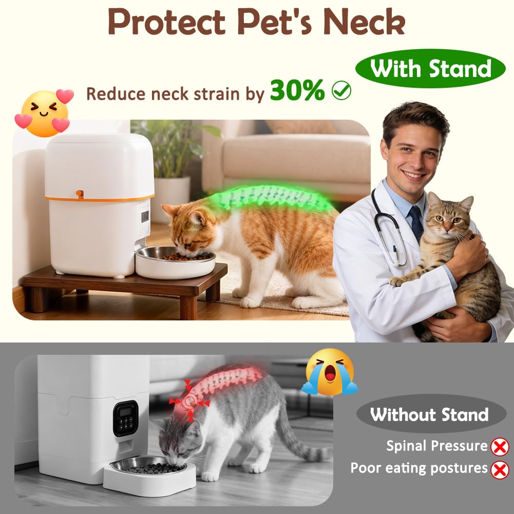 SZEE Cat Food Stand, Elevated Cat Feeder Stand for Automatic Feeder & Bowls | Lifted Cat Food Table Station, Raises Feeder/Bowl by 2 3/8", Relieves Spine and Joints Noticeably on Pets - Solid Pine Wood