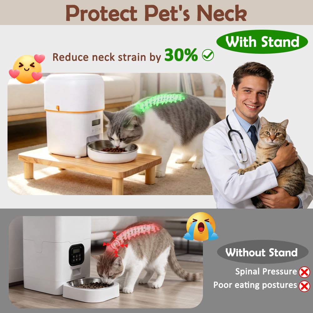 SZEE Cat Food Stand, Elevated Cat Feeder Stand for Automatic Feeder & Bowls | Lifted Cat Food Table Station, Raises Feeder/Bowl by 2 3/8", Relieves Spine and Joints Noticeably on Pets - Solid Pine Wood