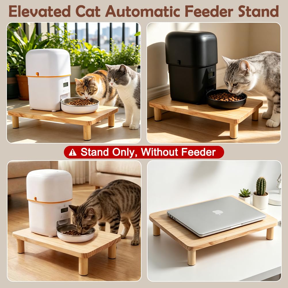SZEE Cat Food Stand, Elevated Cat Feeder Stand for Automatic Feeder & Bowls | Lifted Cat Food Table Station, Raises Feeder/Bowl by 2 3/8", Relieves Spine and Joints Noticeably on Pets - Solid Pine Wood