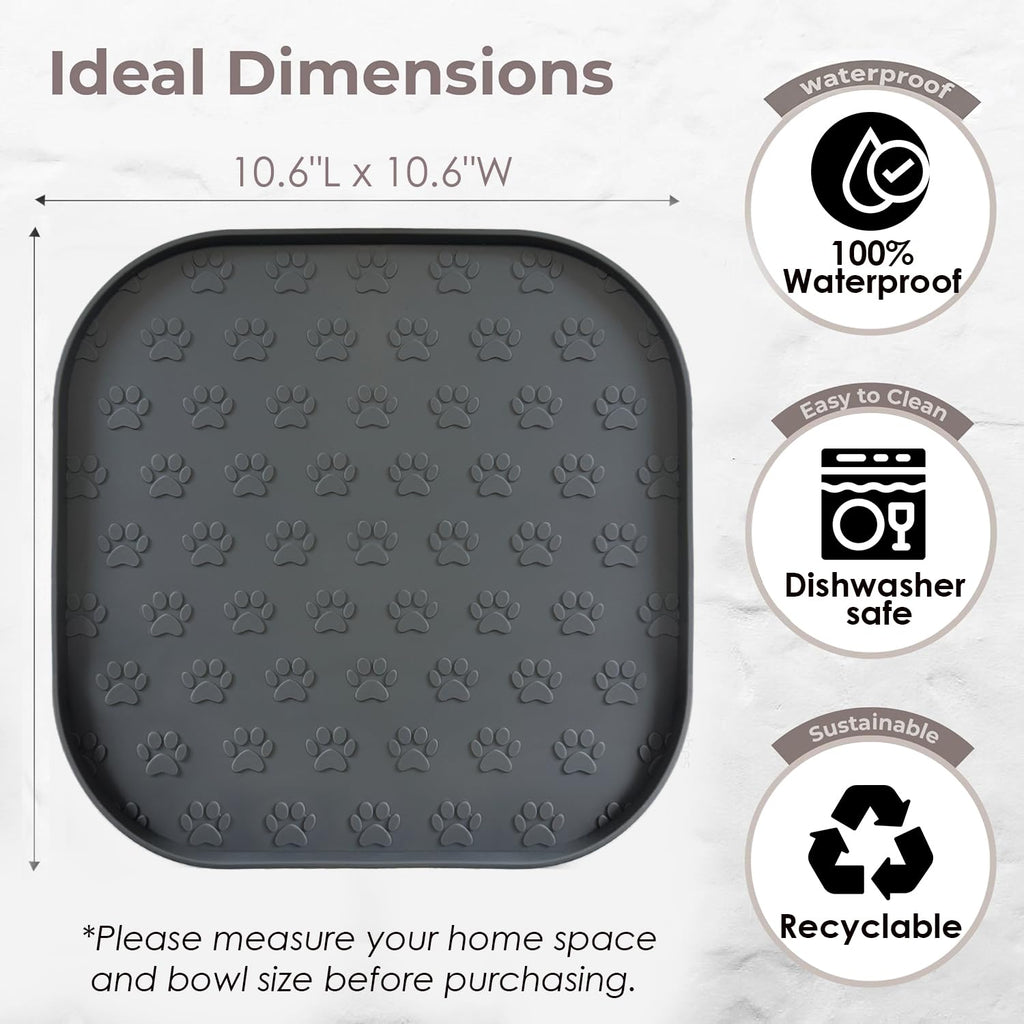 2 Pack Pet Feeding Mats, Waterproof Anti-Slip Placemats for Dog Cat Bowl Silicone Pet Food Mat, Raised Edge Prevent Spills on Floor & Carpet, Dishwasher Safe (2 Black, 11" x 11")