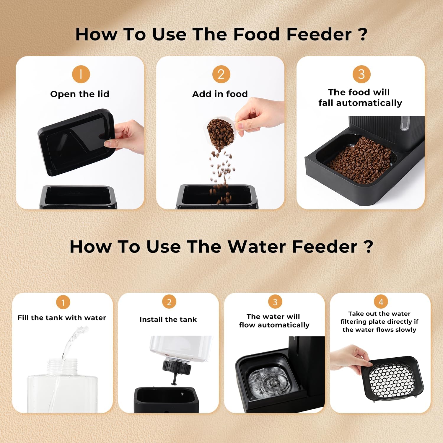ZOMISIA Automatic Cat Feeder and Water Dispenser Set, 2 in 1 Gravity Cat Food Dispenser with 180 Degree Rotatable, Pet Self Feeding Large Capacity for Small Dogs Puppy Kitten, Black, 0.8 Gallon x 2