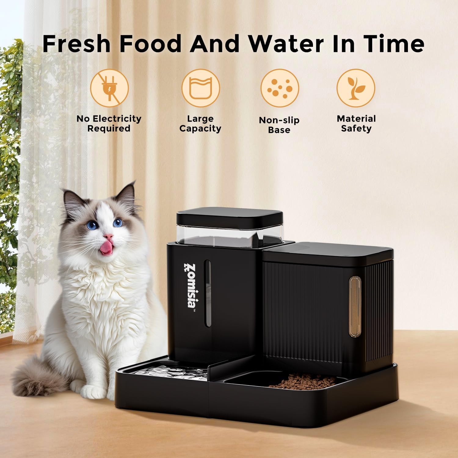 ZOMISIA Automatic Cat Feeder and Water Dispenser Set, 2 in 1 Gravity Cat Food Dispenser with 180 Degree Rotatable, Pet Self Feeding Large Capacity for Small Dogs Puppy Kitten, Black, 0.8 Gallon x 2