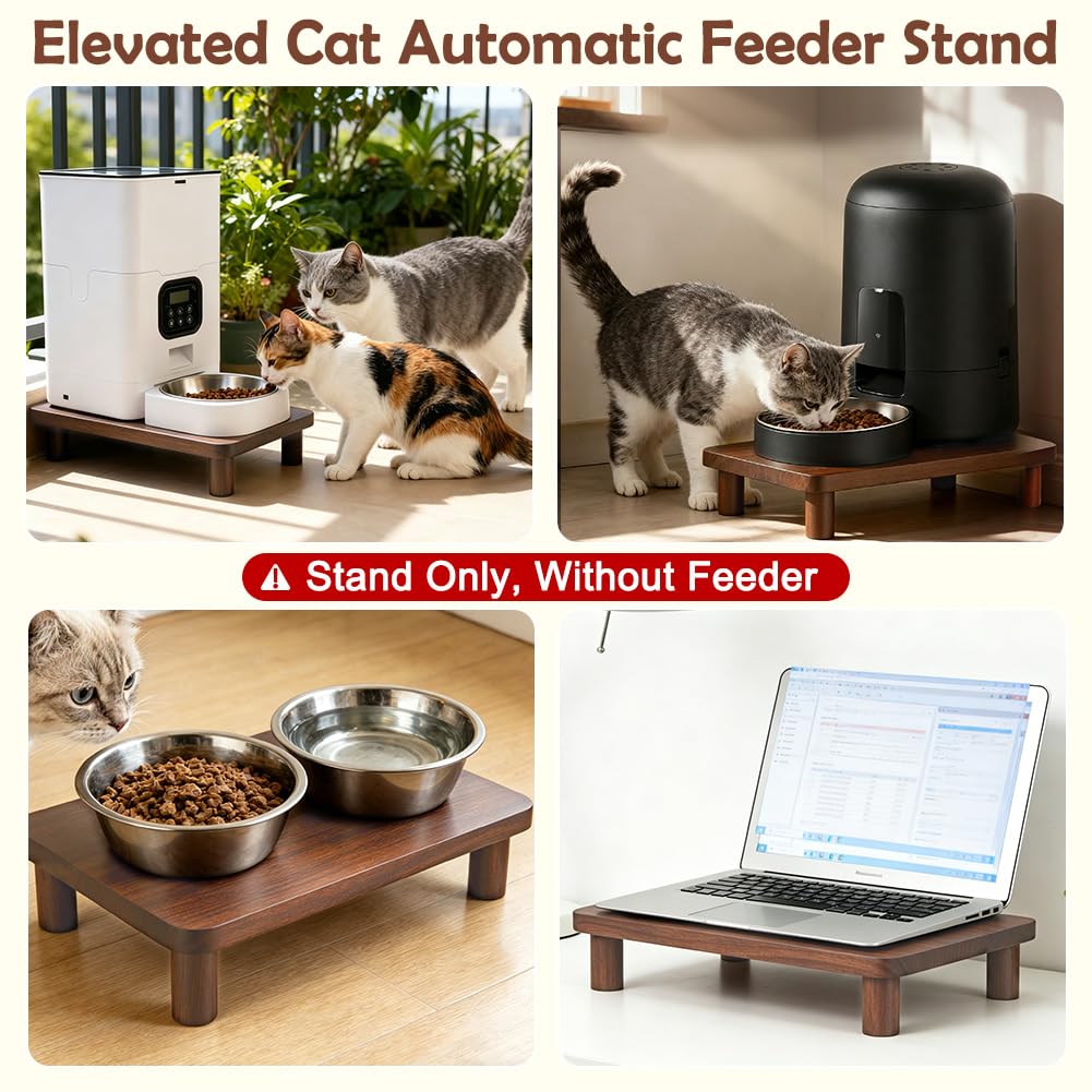 SZEE Cat Food Stand, Elevated Cat Feeder Stand for Automatic Feeder & Bowls | Lifted Cat Food Table Station, Raises Feeder/Bowl by 2 3/8", Relieves Spine and Joints Noticeably on Pets - Solid Pine Wood
