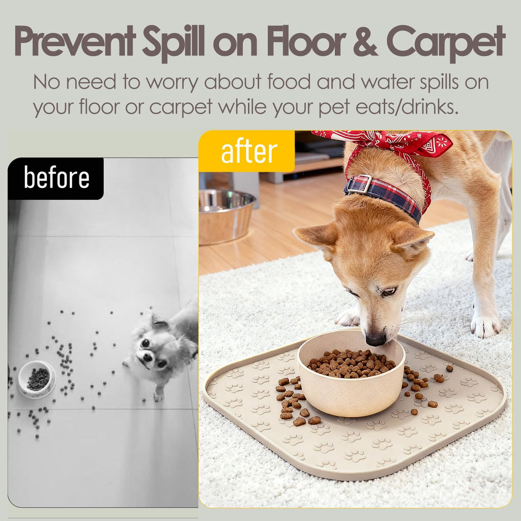 2 Pack Pet Feeding Mats, Waterproof Anti-Slip Placemats for Dog Cat Bowl Silicone Pet Food Mat, Raised Edge Prevent Spills on Floor & Carpet, Dishwasher Safe (2 Black, 11" x 11")