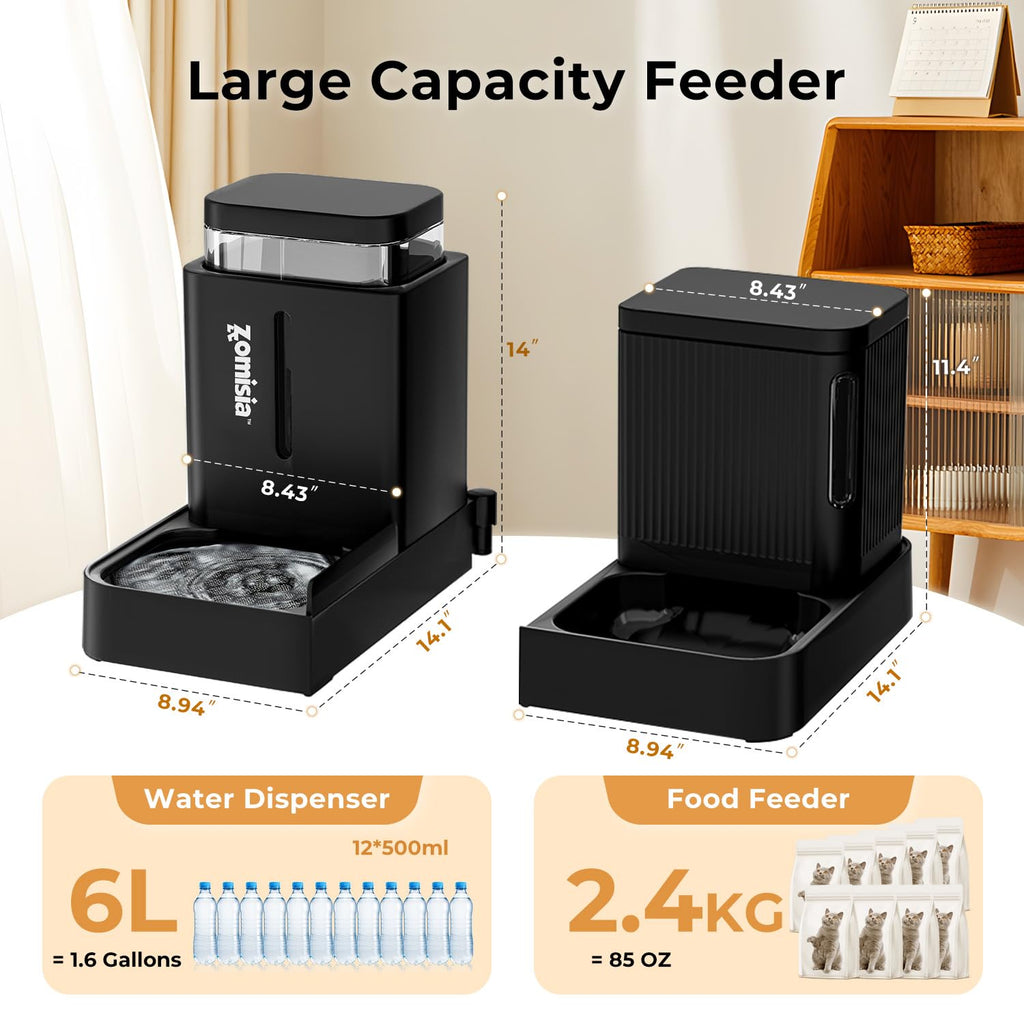ZOMISIA Automatic Cat Feeder and Water Dispenser Set, 2 in 1 Gravity Cat Food Dispenser with 180 Degree Rotatable, Pet Self Feeding Large Capacity for Small Dogs Puppy Kitten, Black, 0.8 Gallon x 2