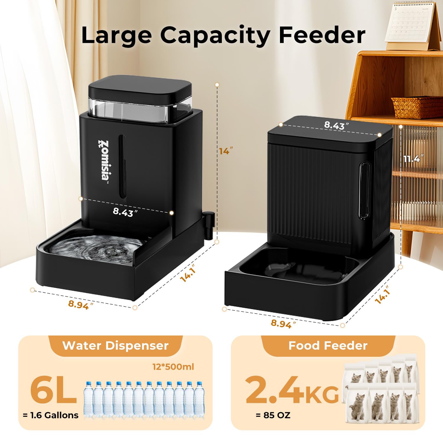 ZOMISIA Automatic Cat Feeder and Water Dispenser Set, 2 in 1 Gravity Cat Food Dispenser with 180 Degree Rotatable, Pet Self Feeding Large Capacity for Small Dogs Puppy Kitten, Black, 0.8 Gallon x 2