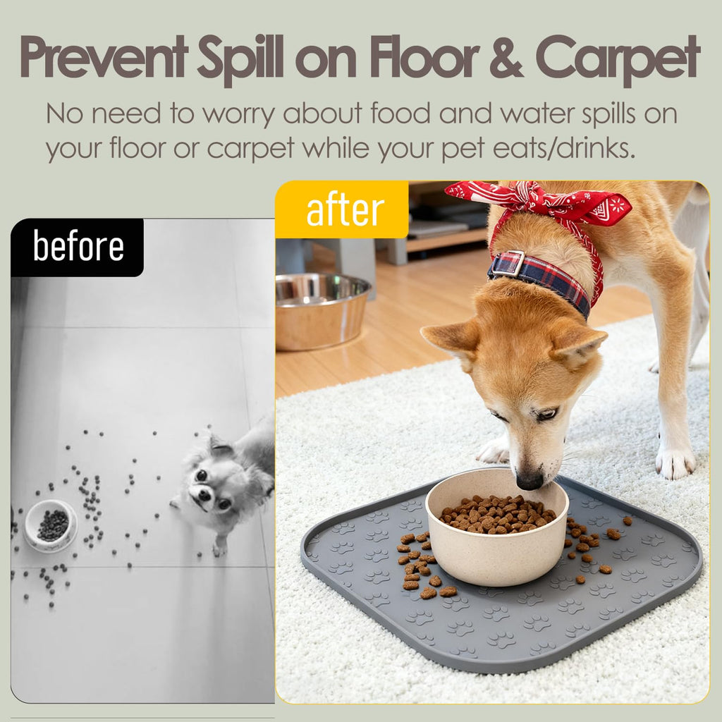 2 Pack Pet Feeding Mats, Waterproof Anti-Slip Placemats for Dog Cat Bowl Silicone Pet Food Mat, Raised Edge Prevent Spills on Floor & Carpet, Dishwasher Safe (2 Black, 11" x 11")
