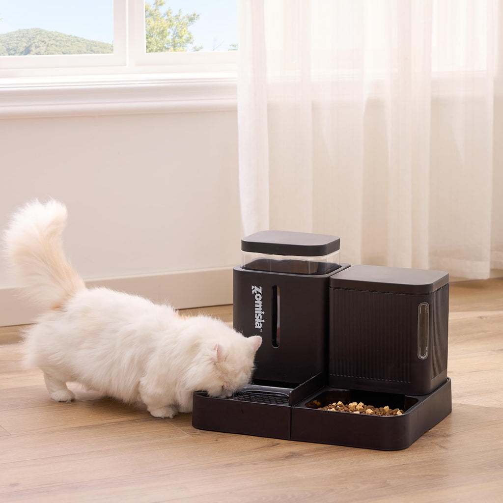 ZOMISIA Automatic Cat Feeder and Water Dispenser Set, 2 in 1 Gravity Cat Food Dispenser with 180 Degree Rotatable, Pet Self Feeding Large Capacity for Small Dogs Puppy Kitten, Black, 0.8 Gallon x 2