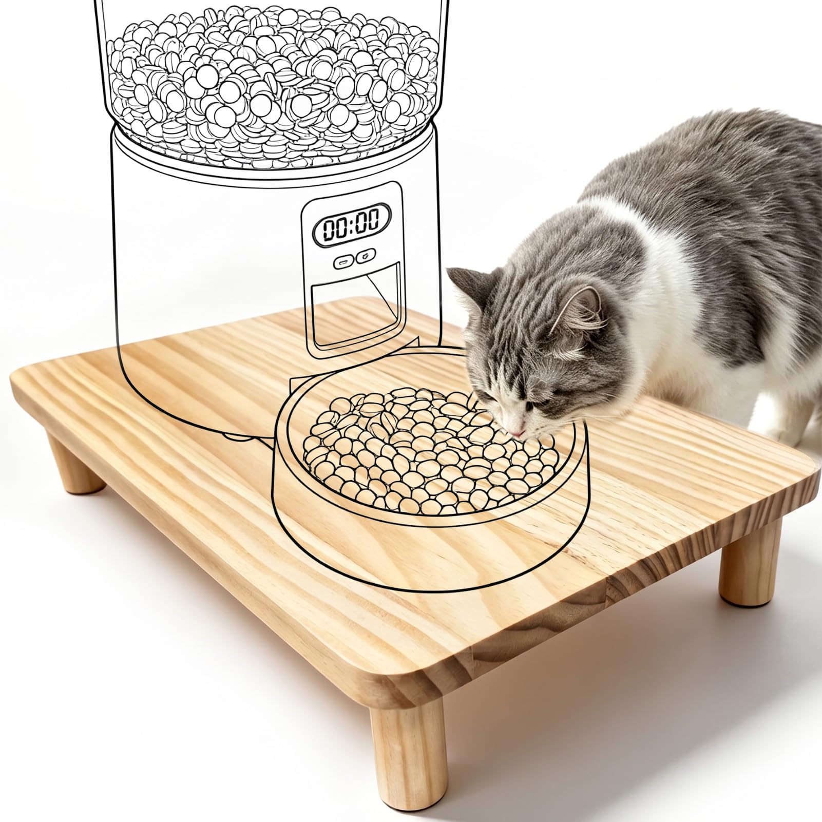 SZEE Cat Food Stand, Elevated Cat Feeder Stand for Automatic Feeder & Bowls | Lifted Cat Food Table Station, Raises Feeder/Bowl by 2 3/8", Relieves Spine and Joints Noticeably on Pets - Solid Pine Wood