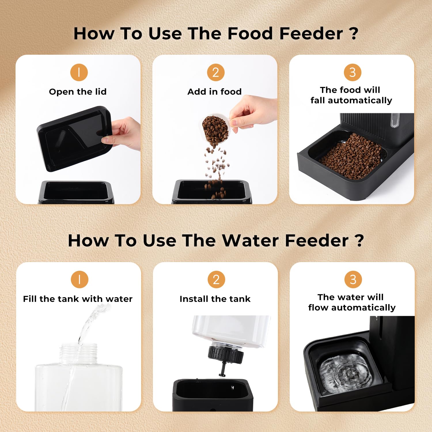 ZOMISIA Automatic Cat Feeder and Water Dispenser Set, 2 in 1 Gravity Cat Food Dispenser with 180 Degree Rotatable, Pet Self Feeding Large Capacity for Small Dogs Puppy Kitten, Black, 0.8 Gallon x 2