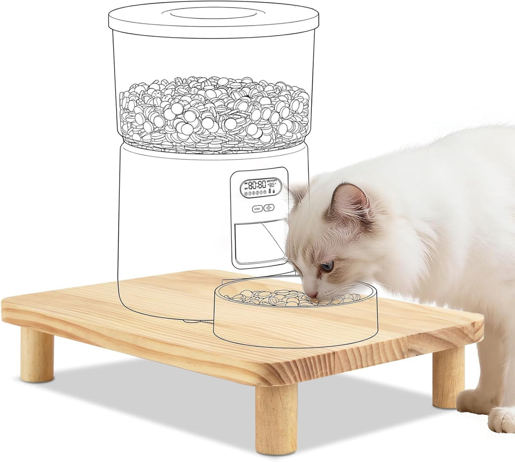 SZEE Cat Food Stand, Elevated Cat Feeder Stand for Automatic Feeder & Bowls | Lifted Cat Food Table Station, Raises Feeder/Bowl by 2 3/8", Relieves Spine and Joints Noticeably on Pets - Solid Pine Wood
