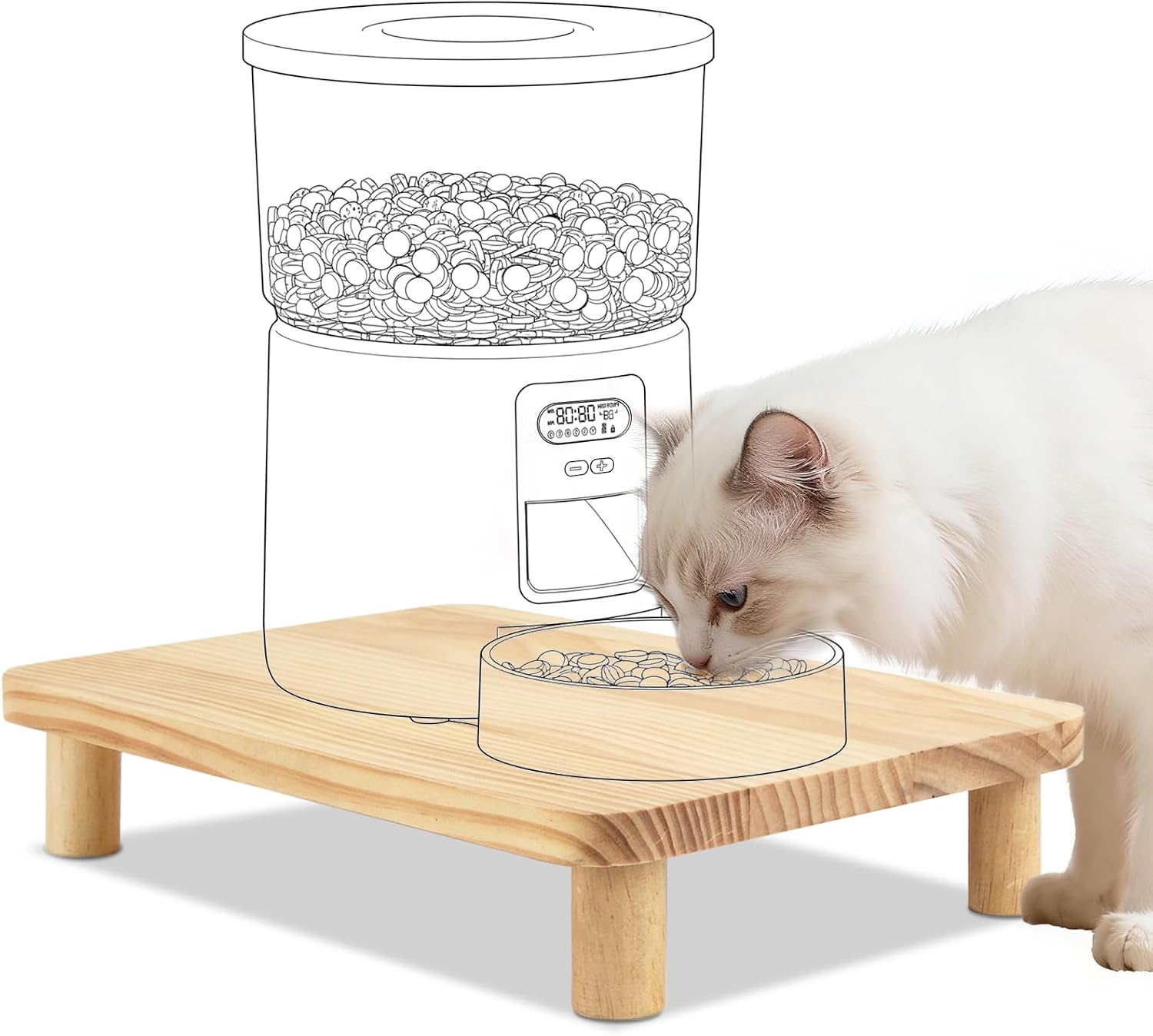 SZEE Cat Food Stand, Elevated Cat Feeder Stand for Automatic Feeder & Bowls | Lifted Cat Food Table Station, Raises Feeder/Bowl by 2 3/8", Relieves Spine and Joints Noticeably on Pets - Solid Pine Wood
