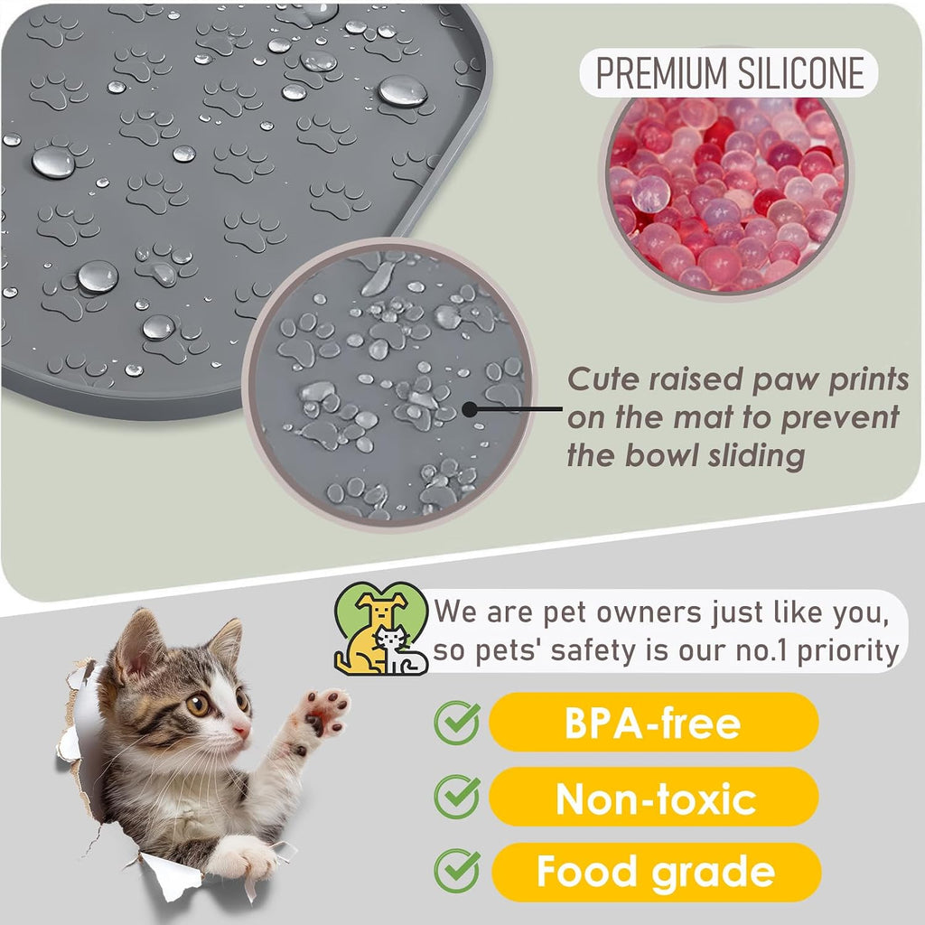 2 Pack Pet Feeding Mats, Waterproof Anti-Slip Placemats for Dog Cat Bowl Silicone Pet Food Mat, Raised Edge Prevent Spills on Floor & Carpet, Dishwasher Safe (2 Black, 11" x 11")