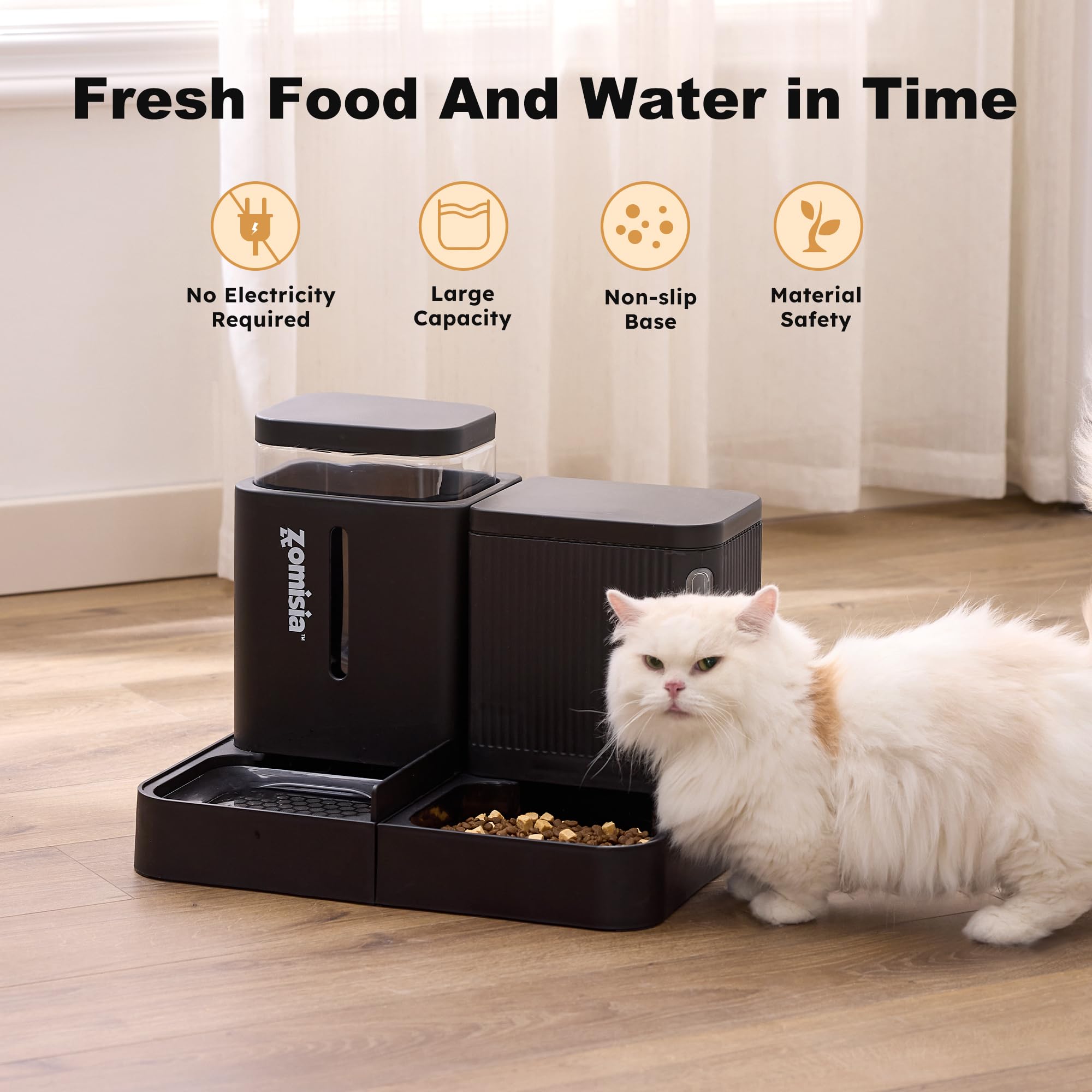 ZOMISIA Automatic Cat Feeder and Water Dispenser Set, 2 in 1 Gravity Cat Food Dispenser with 180 Degree Rotatable, Pet Self Feeding Large Capacity for Small Dogs Puppy Kitten, Black, 0.8 Gallon x 2