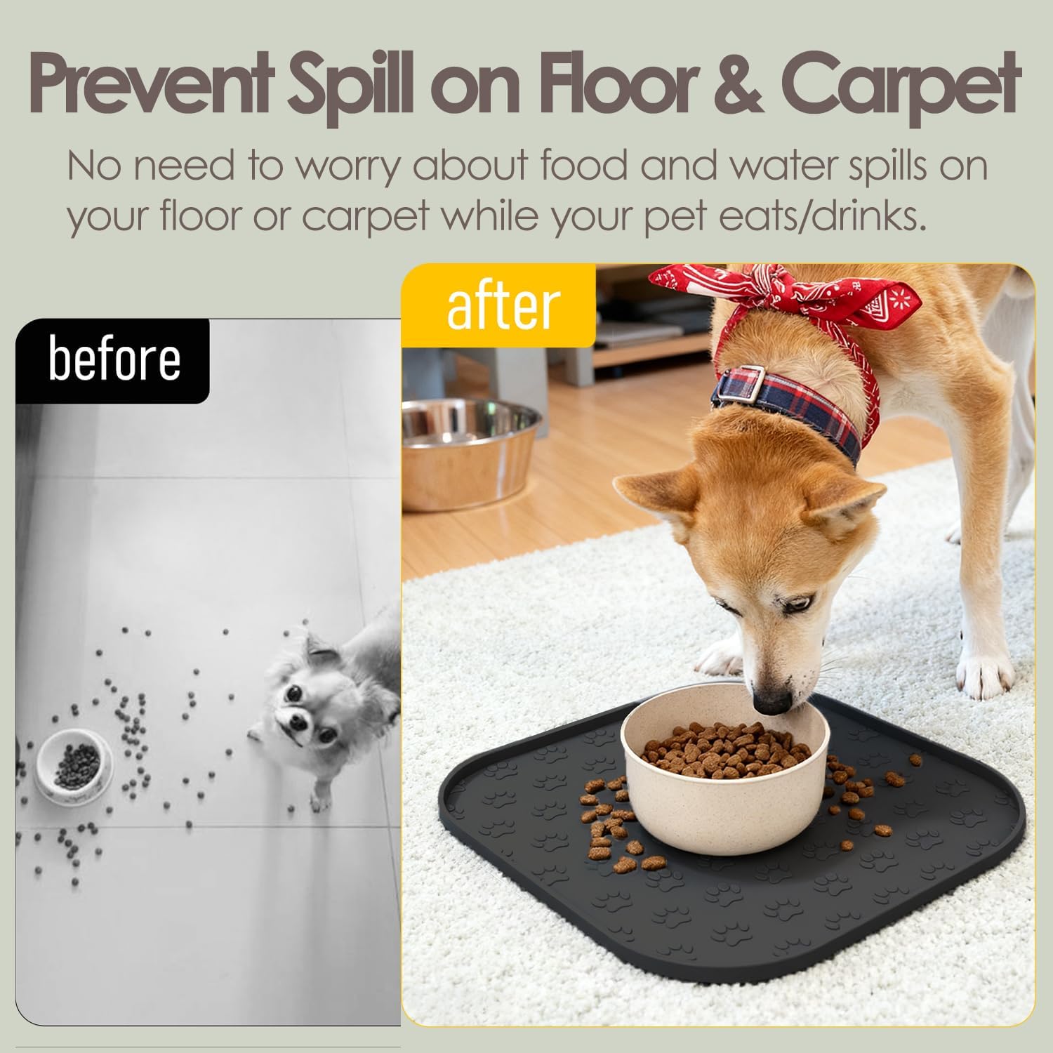 2 Pack Pet Feeding Mats, Waterproof Anti-Slip Placemats for Dog Cat Bowl Silicone Pet Food Mat, Raised Edge Prevent Spills on Floor & Carpet, Dishwasher Safe (2 Black, 11" x 11")