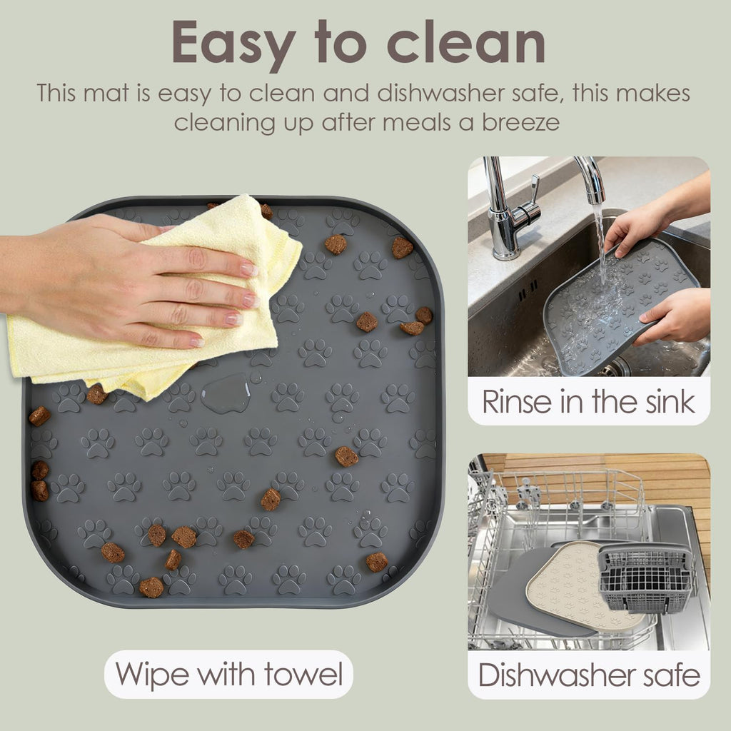 2 Pack Pet Feeding Mats, Waterproof Anti-Slip Placemats for Dog Cat Bowl Silicone Pet Food Mat, Raised Edge Prevent Spills on Floor & Carpet, Dishwasher Safe (2 Black, 11" x 11")