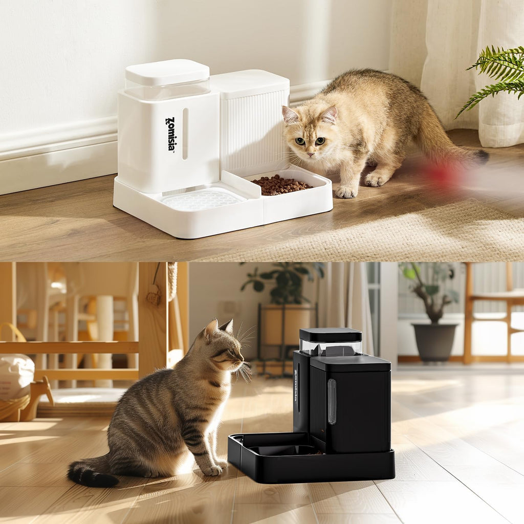 ZOMISIA Automatic Cat Feeder and Water Dispenser Set, 2 in 1 Gravity Cat Food Dispenser with 180 Degree Rotatable, Pet Self Feeding Large Capacity for Small Dogs Puppy Kitten, Black, 0.8 Gallon x 2