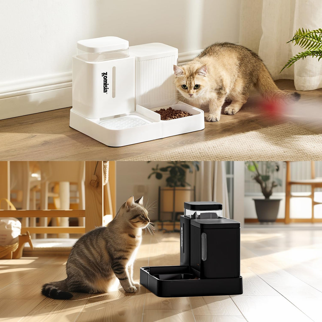 ZOMISIA Automatic Cat Feeder and Water Dispenser Set, 2 in 1 Gravity Cat Food Dispenser with 180 Degree Rotatable, Pet Self Feeding Large Capacity for Small Dogs Puppy Kitten, Black, 0.8 Gallon x 2