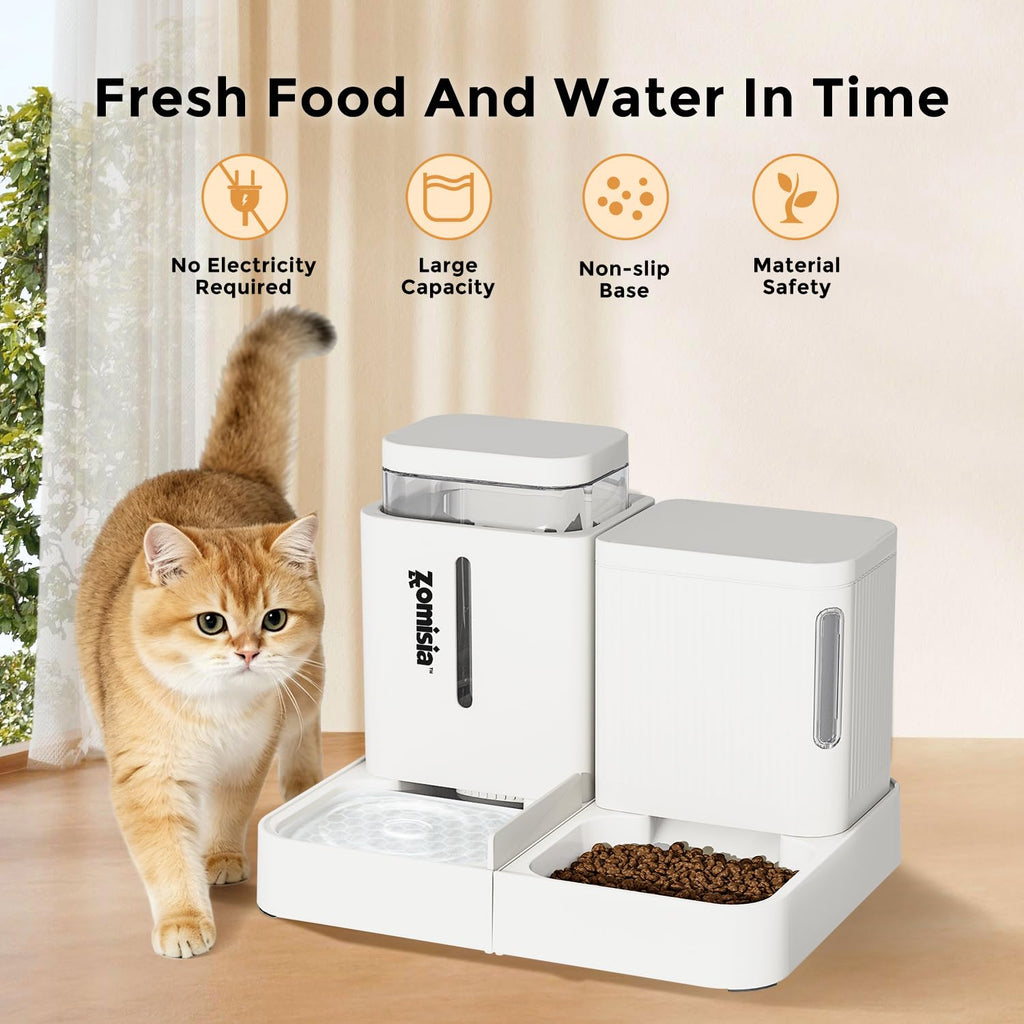 ZOMISIA Automatic Cat Feeder and Water Dispenser Set, 2 in 1 Gravity Cat Food Dispenser with 180 Degree Rotatable, Pet Self Feeding Large Capacity for Small Dogs Puppy Kitten, Black, 0.8 Gallon x 2