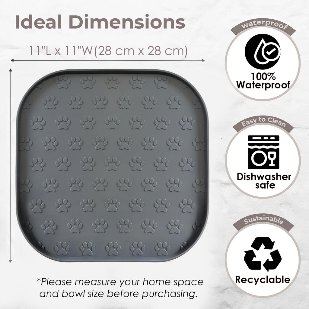 2 Pack Pet Feeding Mats, Waterproof Anti-Slip Placemats for Dog Cat Bowl Silicone Pet Food Mat, Raised Edge Prevent Spills on Floor & Carpet, Dishwasher Safe (2 Black, 11" x 11")
