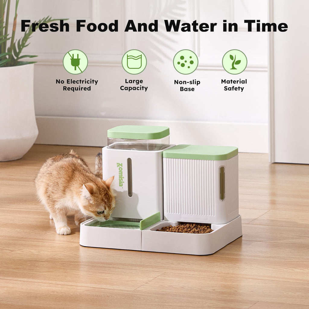 ZOMISIA Automatic Cat Feeder and Water Dispenser Set, 2 in 1 Gravity Cat Food Dispenser with 180 Degree Rotatable, Pet Self Feeding Large Capacity for Small Dogs Puppy Kitten, Black, 0.8 Gallon x 2
